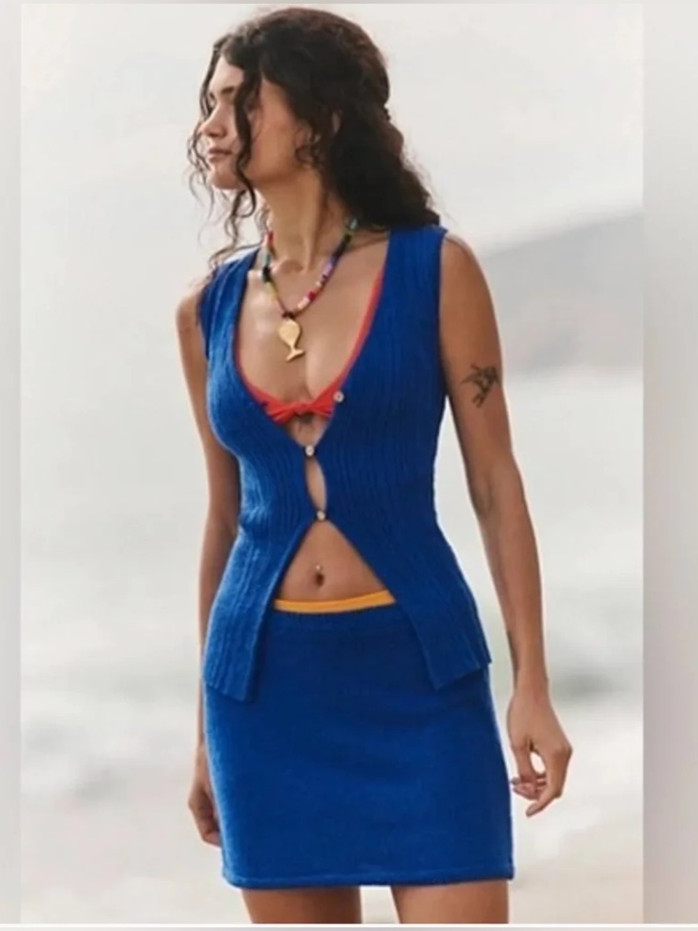 Free People FP Beach Rhea Sweater Set S Blue Knit Vest Mini Skirt Co-Ord NWOT